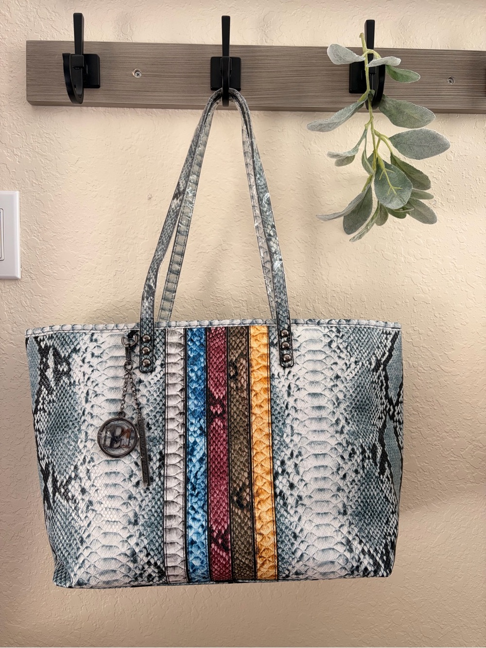 Badgley Mischka Studio Snake Print Tote, Multicolor Stripe with Bag Charm